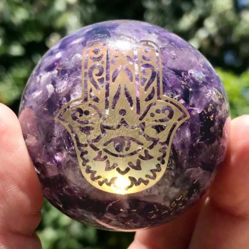 EMF Protection Orgonite Amethyst, Copper Flakes Sphere || 50MM || Hamsa-Nature's Treasures