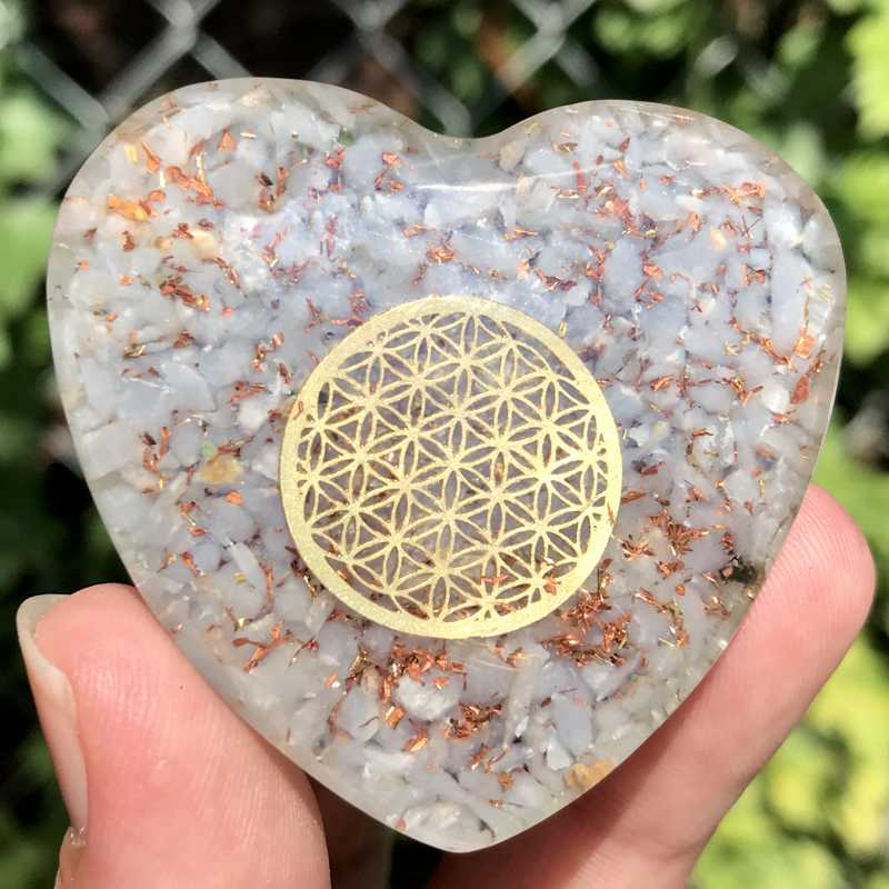 EMF Protection Orgonite Angelite, Copper Flakes Heart || 45MM || Flower Of Life-Nature's Treasures