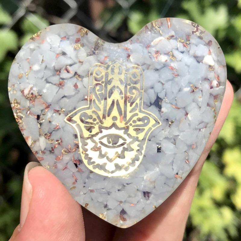 EMF Protection Orgonite Angelite, Copper Flakes Heart || 45MM || Hamsa-Nature's Treasures