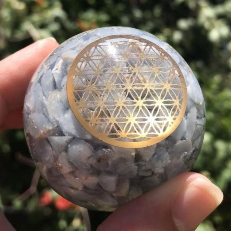EMF Protection Orgonite Angelite, Copper Flakes Sphere || 50MM || Flower Of Life-Nature's Treasures