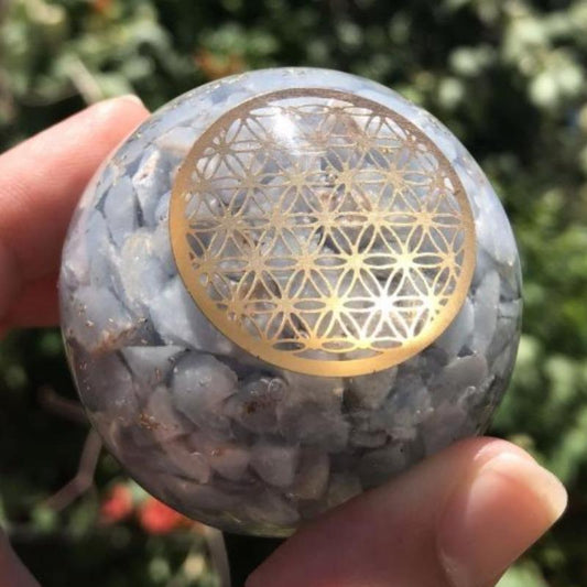 EMF Protection Orgonite Angelite, Copper Flakes Sphere || 50MM || Flower Of Life-Nature's Treasures