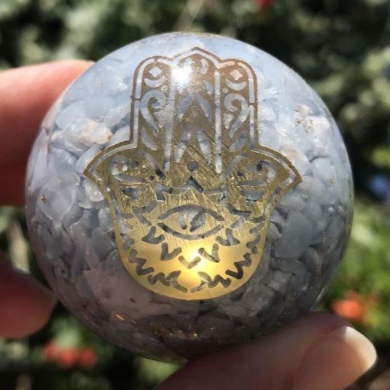 EMF Protection Orgonite Angelite, Copper Flakes Sphere || 50MM || Hamsa-Nature's Treasures