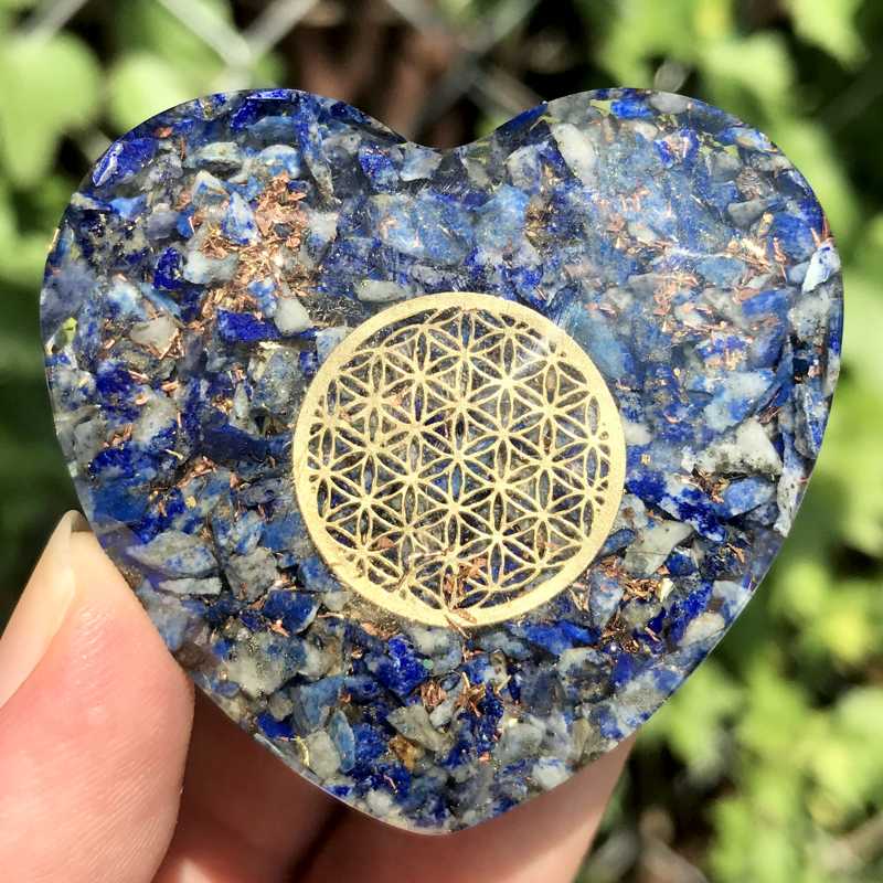 EMF Protection Orgonite Lapis Lazuli, Copper Flakes Heart || 45MM || Flower Of Life-Nature's Treasures