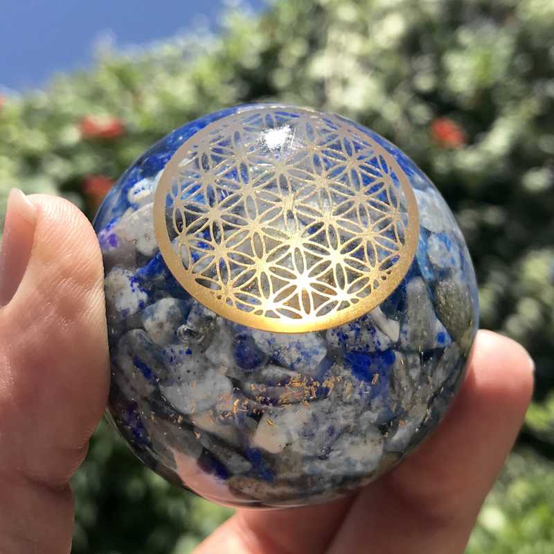 EMF Protection Orgonite Lapis Lazuli, Copper Flakes Sphere || 50MM || Flower Of Life