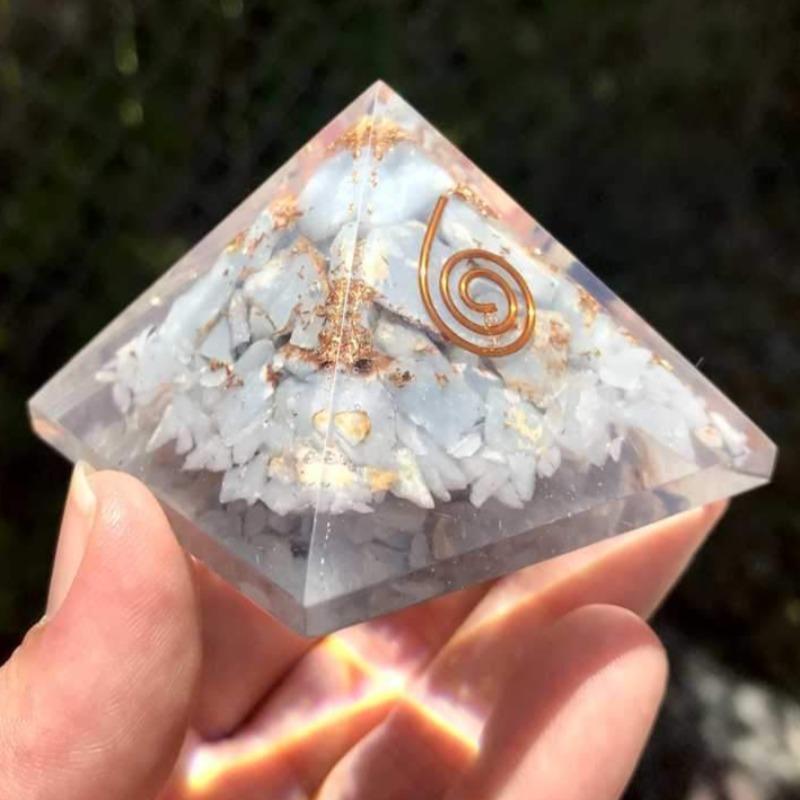 EMF Protection Orgonite Pyramid Angelite, Copper Flakes || 55MM || Copper Spiral