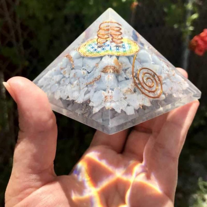 EMF Protection Orgonite Pyramid Angelite, Quartz, Copper w/ Flower Of Life Symbol || 75MM-Nature's Treasures