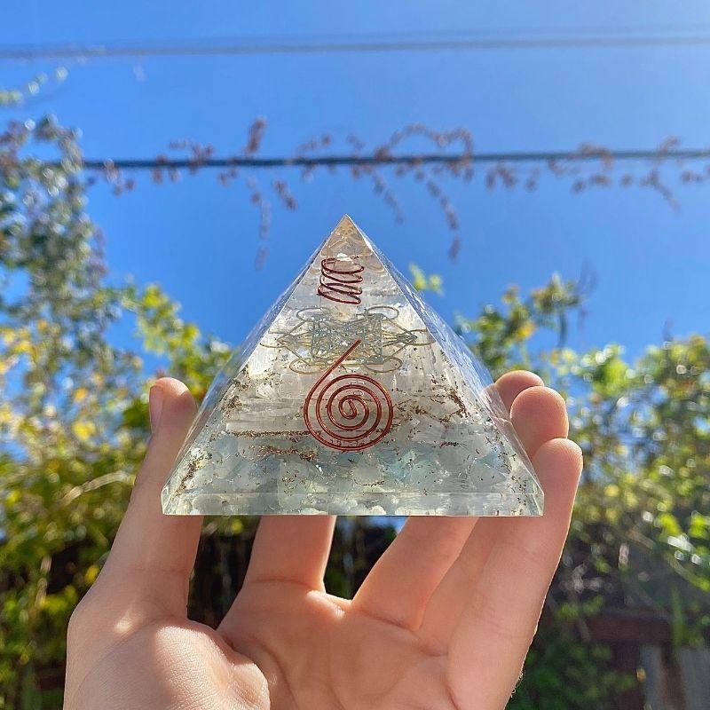 EMF Protection Orgonite Pyramid Aquamarine, Selenite, Quartz, Copper w/ Metatron Symbol || 75MM-Nature's Treasures