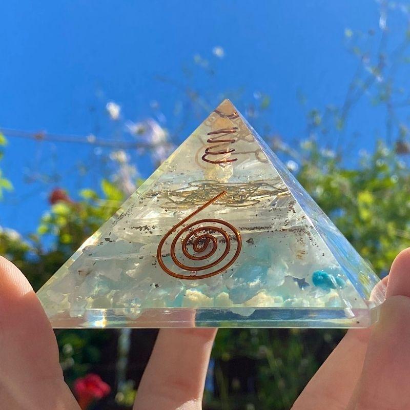 EMF Protection Orgonite Pyramid Blue Aragonite, Selenite, Quartz, Copper w/ Metatron Symbol || 75MM-Nature's Treasures