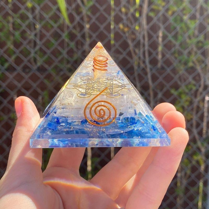 EMF Protection Orgonite Pyramid Blue Kyanite, Selenite, Quartz, Copper w/ Metatron Symbol || 75MM-Nature's Treasures