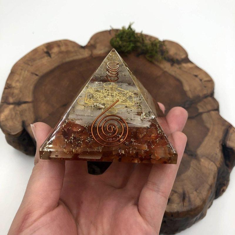 EMF Protection Orgonite Pyramid Carnelian, Selenite, Quartz, Copper w/ Metatron Symbol || 75MM-Nature's Treasures