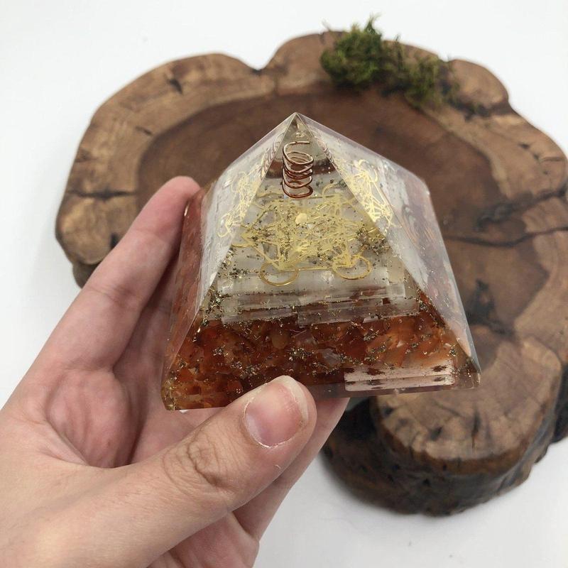 EMF Protection Orgonite Pyramid Carnelian, Selenite, Quartz, Copper w/ Metatron Symbol || 75MM-Nature's Treasures