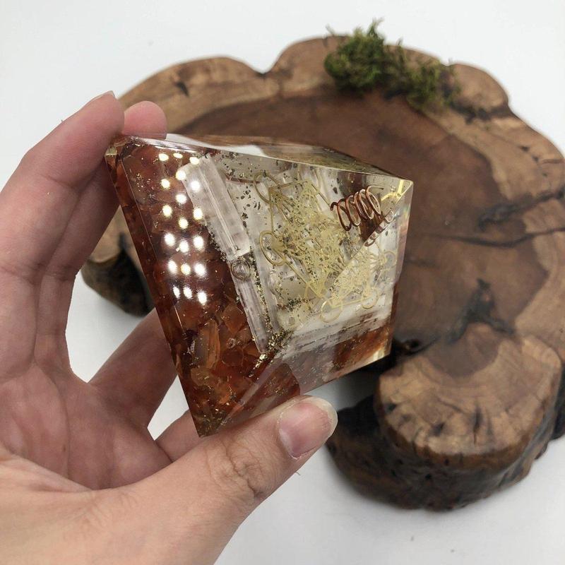 EMF Protection Orgonite Pyramid Carnelian, Selenite, Quartz, Copper w/ Metatron Symbol || 75MM-Nature's Treasures