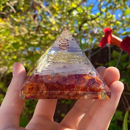 EMF Protection Orgonite Pyramid Carnelian, Selenite, Quartz, Copper w/ Metatron Symbol || 75MM-Nature's Treasures
