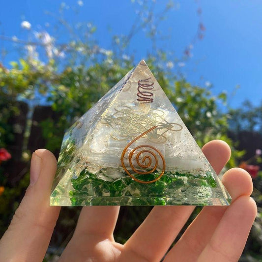 EMF Protection Orgonite Pyramid Chrome Diopside, Selenite, Quartz, Copper w/ Metatron Symbol || 75MM-Nature's Treasures
