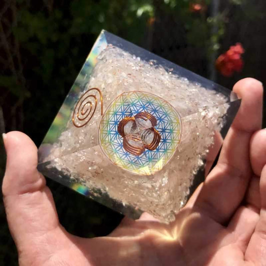 EMF Protection Orgonite Pyramid Clear Quartz, Quartz, Copper w/ Flower Of Life Symbol || 75MM-Nature's Treasures