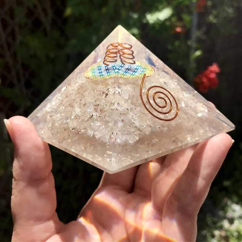 EMF Protection Orgonite Pyramid Clear Quartz, Quartz, Copper w/ Flower Of Life Symbol || 75MM-Nature's Treasures