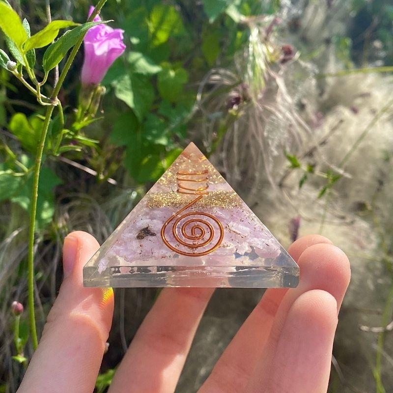 EMF Protection Orgonite Pyramid Kunzite, Quartz, Copper Flakes || 55MM || Copper Spiral-Nature's Treasures