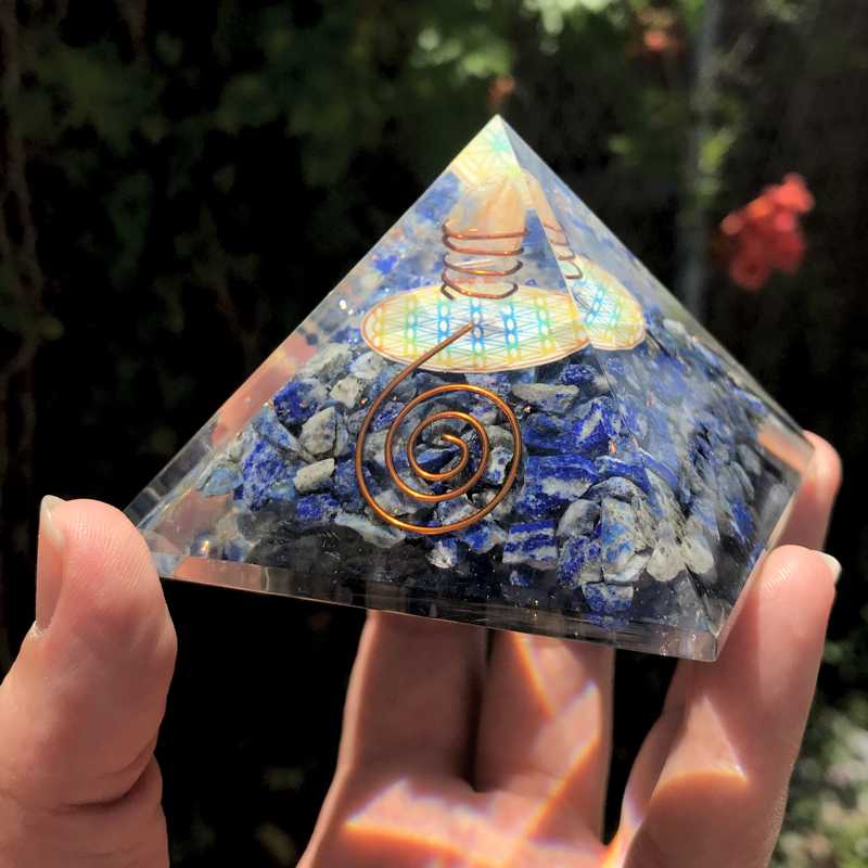 EMF Protection Orgonite Pyramid Lapis Lazuli, Quartz, Copper w/ Flower Of Life Symbol || 75MM
