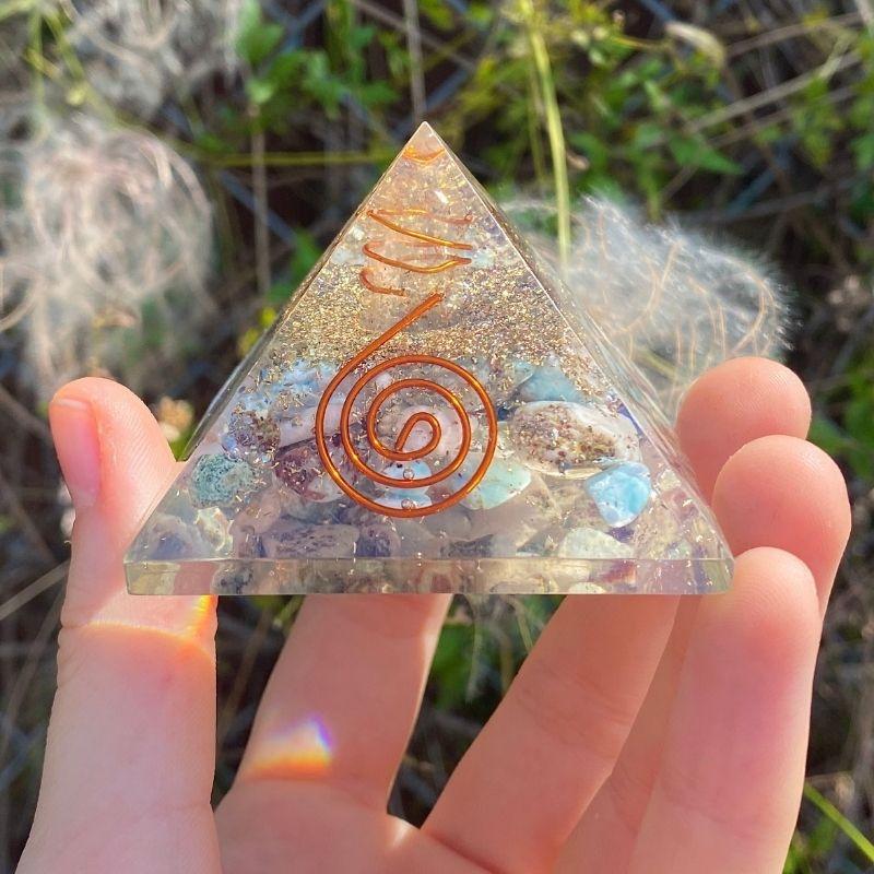 EMF Protection Orgonite Pyramid Larimar, Quartz, Copper Flakes || 55MM || Copper Spiral-Nature's Treasures