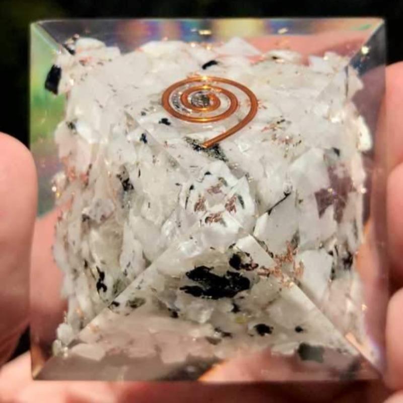 EMF Protection Orgonite Pyramid Rainbow Moonstone, Copper Flakes || 55MM || Copper Spiral-Nature's Treasures
