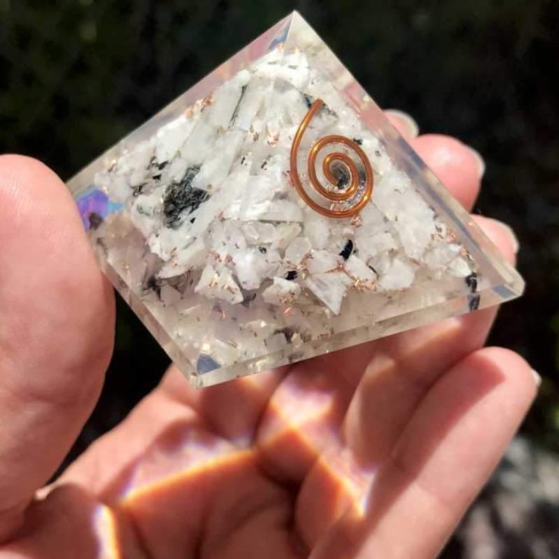 EMF Protection Orgonite Pyramid Rainbow Moonstone, Copper Flakes || 55MM || Copper Spiral-Nature's Treasures