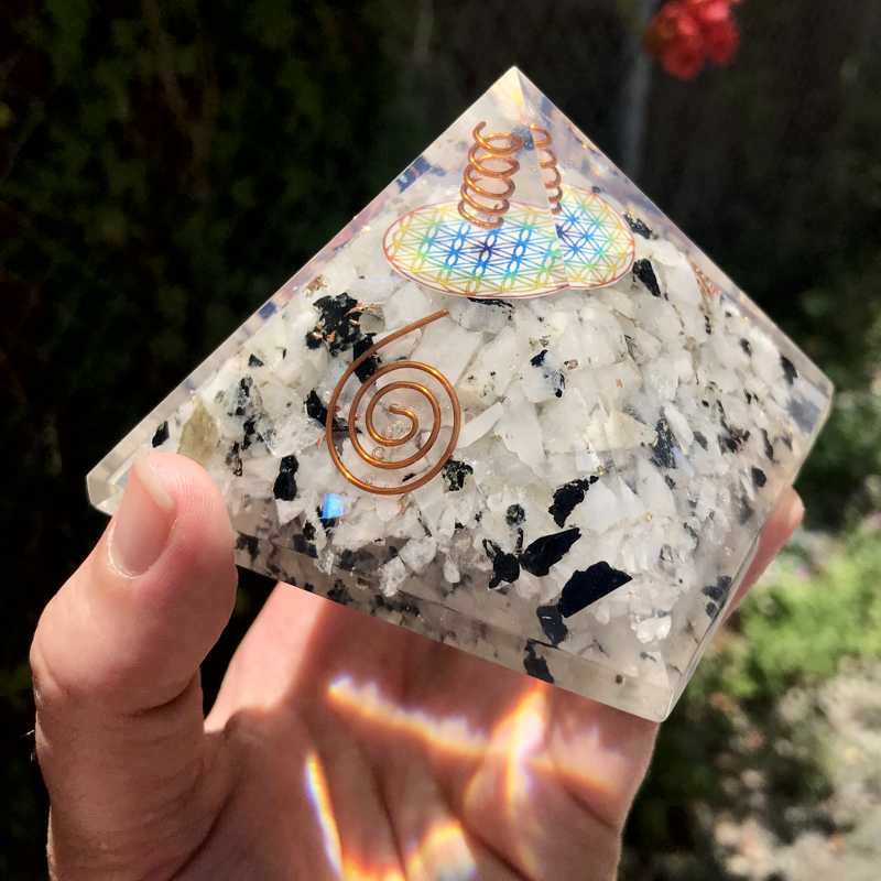 EMF Protection Orgonite Pyramid Rainbow Moonstone, Quartz, Copper w/ Flower Of Life Symbol || 75MM-Nature's Treasures
