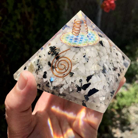 EMF Protection Orgonite Pyramid Rainbow Moonstone, Quartz, Copper w/ Flower Of Life Symbol || 75MM-Nature's Treasures