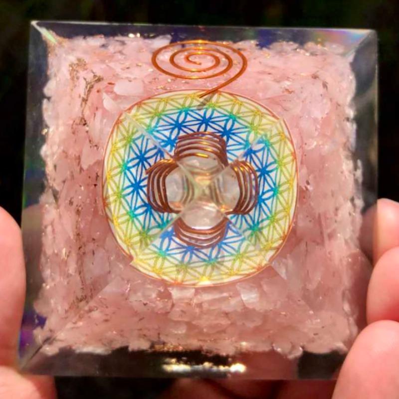 EMF Protection Orgonite Pyramid Rose Quartz, Quartz, Copper w/ Flower Of Life Symbol || 75MM-Nature's Treasures