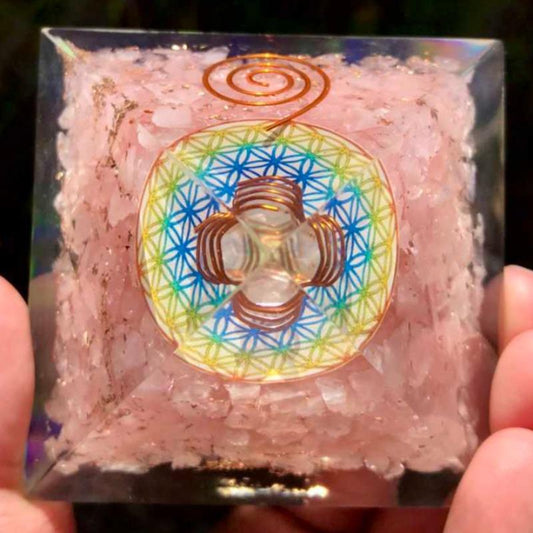 EMF Protection Orgonite Pyramid Rose Quartz, Quartz, Copper w/ Flower Of Life Symbol || 75MM-Nature's Treasures