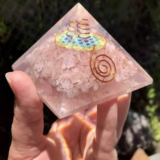 EMF Protection Orgonite Pyramid Rose Quartz, Quartz, Copper w/ Flower Of Life Symbol || 75MM-Nature's Treasures