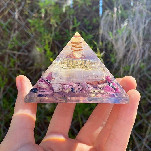 EMF Protection Orgonite Pyramid Ruby, Selenite, Quartz, Copper w/ Metatron Symbol || 75MM-Nature's Treasures