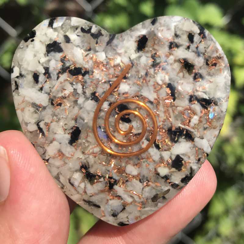 EMF Protection Orgonite Rainbow Moonstone, Copper Flakes Heart || 45MM || Copper Spiral-Nature's Treasures