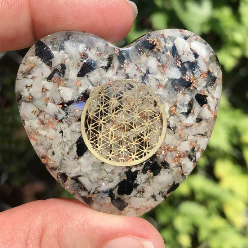 EMF Protection Orgonite Rainbow Moonstone, Copper Flakes Heart || 45MM || Flower Of Life-Nature's Treasures