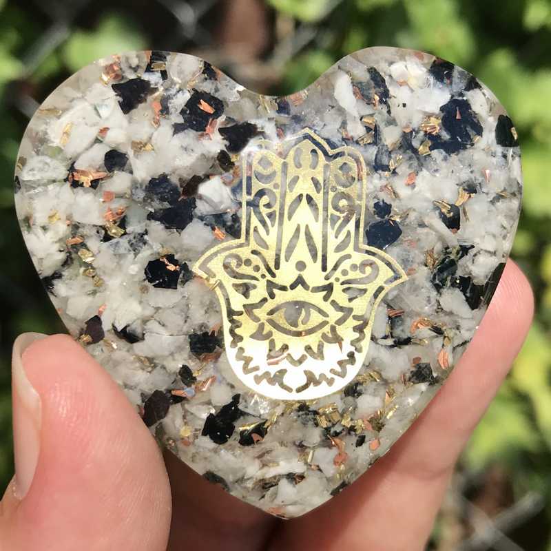 EMF Protection Orgonite Rainbow Moonstone, Copper Flakes Heart || 45MM || Hamsa-Nature's Treasures