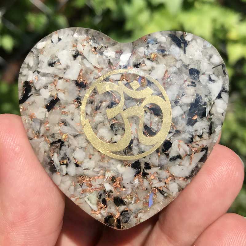 EMF Protection Orgonite Rainbow Moonstone, Copper Flakes Heart || 45MM || OM