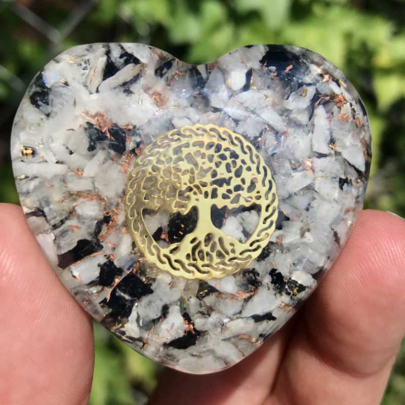 EMF Protection Orgonite Rainbow Moonstone, Copper Flakes Heart || 45MM || Tree Of Life