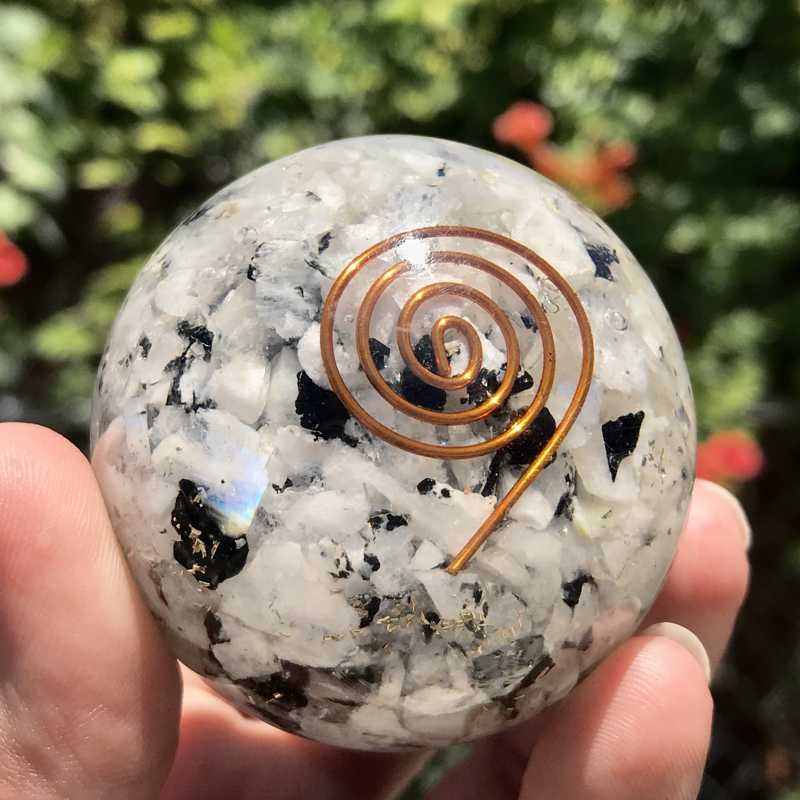 EMF Protection Orgonite Rainbow Moonstone, Copper Flakes Sphere || 50MM || Copper Spiral-Nature's Treasures