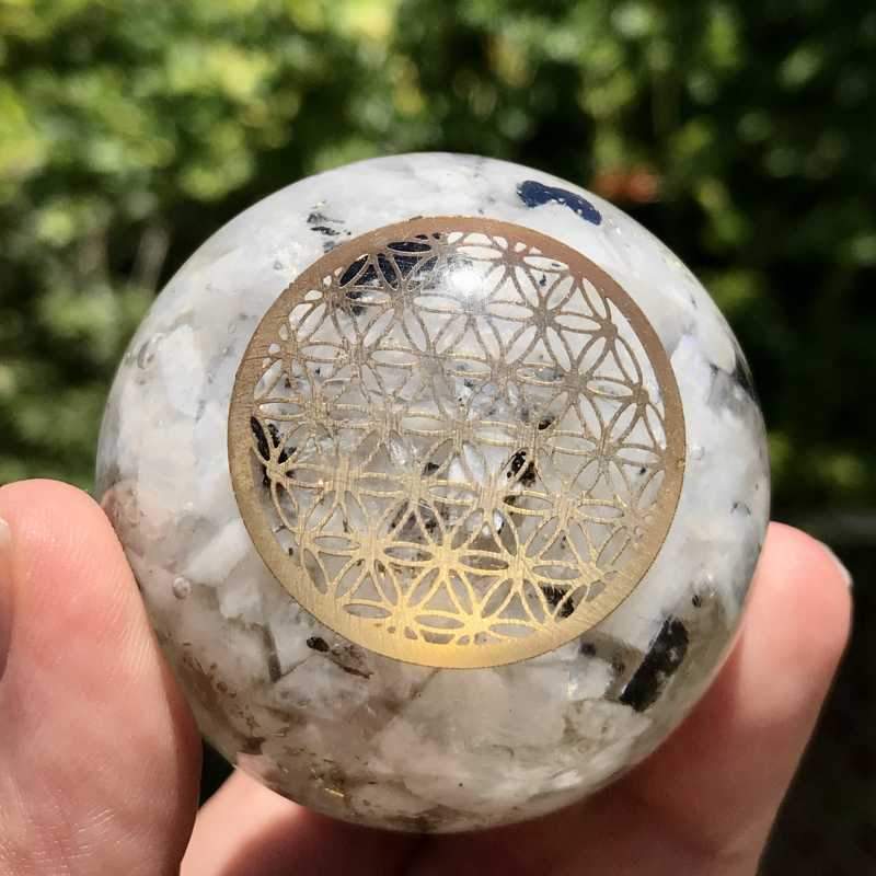 EMF Protection Orgonite Rainbow Moonstone, Copper Flakes Sphere || 50MM || Flower Of Life-Nature's Treasures