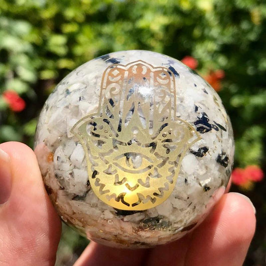 EMF Protection Orgonite Rainbow Moonstone, Copper Flakes Sphere || 50MM || Hamsa-Nature's Treasures