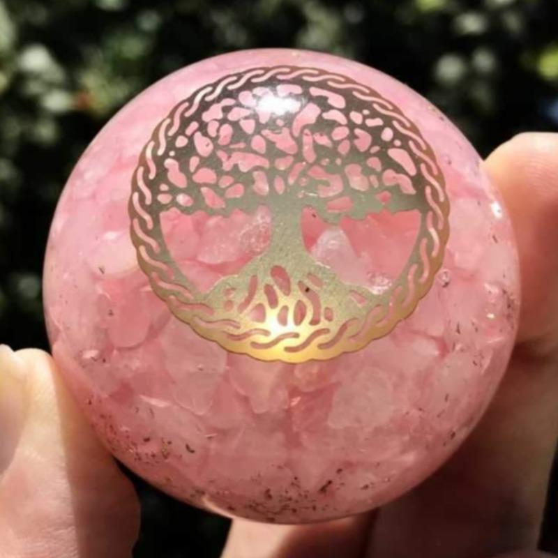 EMF Protection Orgonite Rose Quartz, Copper Flakes Sphere || 50MM || Tree Of Life