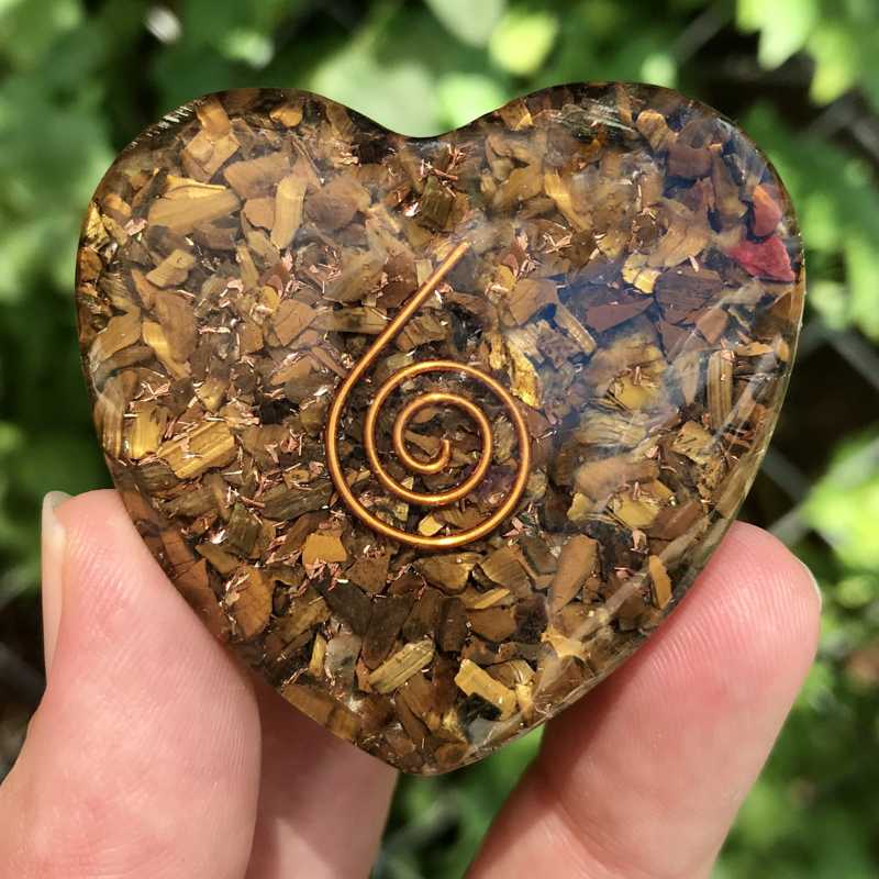 EMF Protection Orgonite Tiger Eye, Copper Flakes Heart || 45MM || Copper Spiral-Nature's Treasures