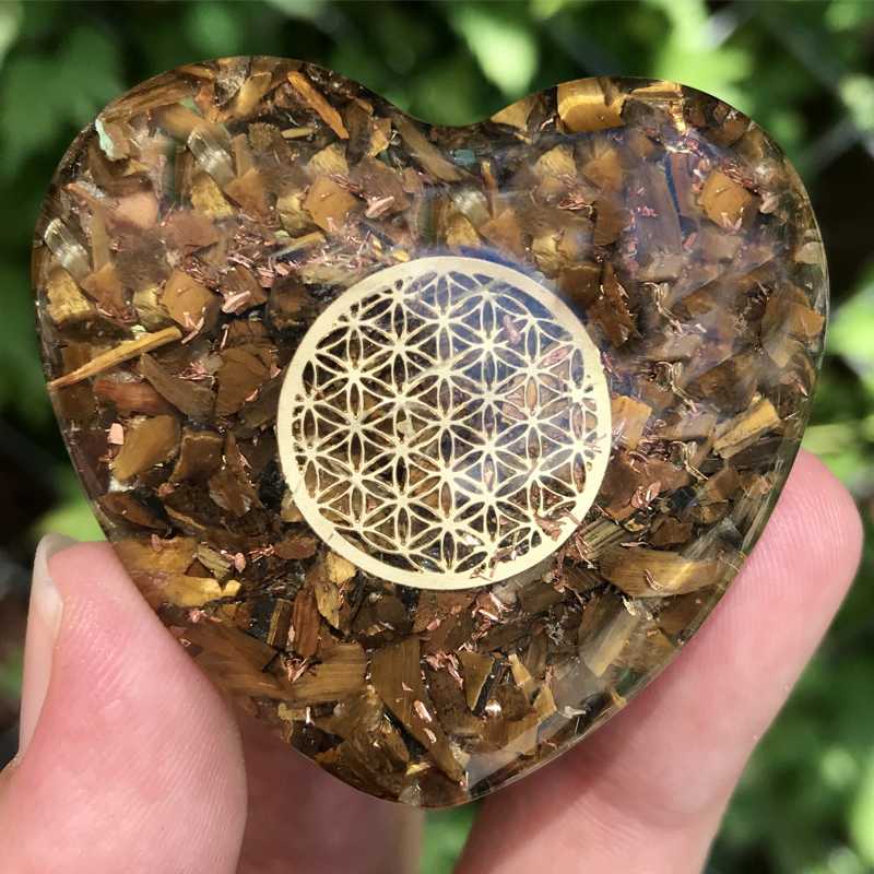 EMF Protection Orgonite Tiger Eye, Copper Flakes Heart || 45MM || Flower Of Life-Nature's Treasures