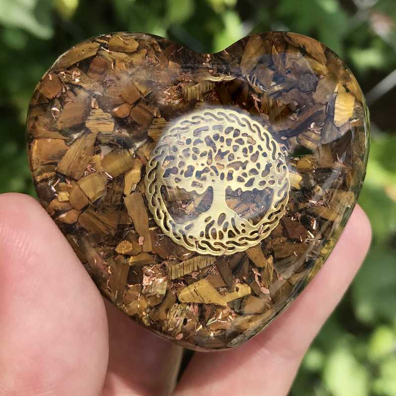 EMF Protection Orgonite Tiger Eye, Copper Flakes Heart || 45MM || Tree Of Life