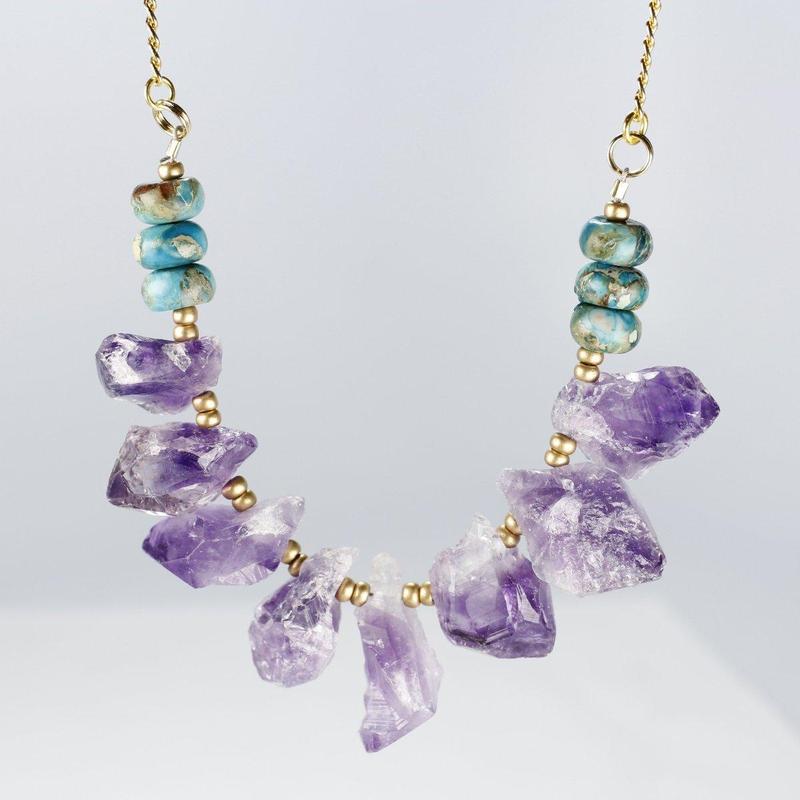 Etymology Jewelry - Amethyst Points & Turquoise Brass Necklace-Nature's Treasures