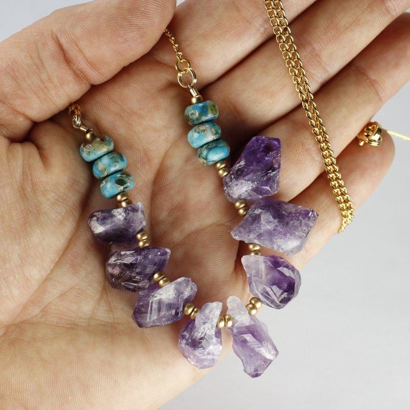 Etymology Jewelry - Amethyst Points & Turquoise Brass Necklace-Nature's Treasures