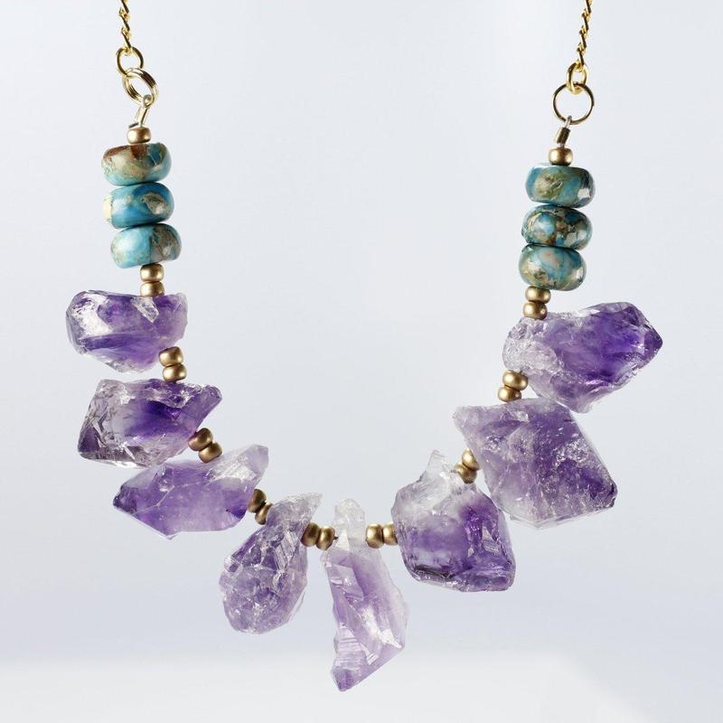 Etymology Jewelry - Amethyst Points & Turquoise Brass Necklace-Nature's Treasures