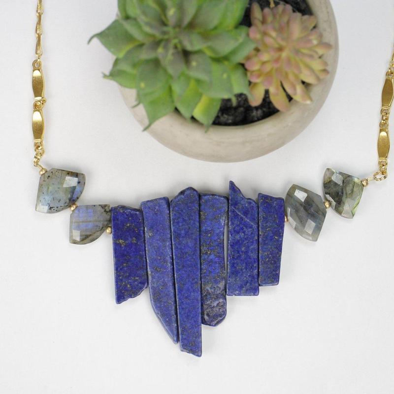 Etymology Jewelry - Lapis Lazuli With Labradorite Brass Necklace-Nature's Treasures