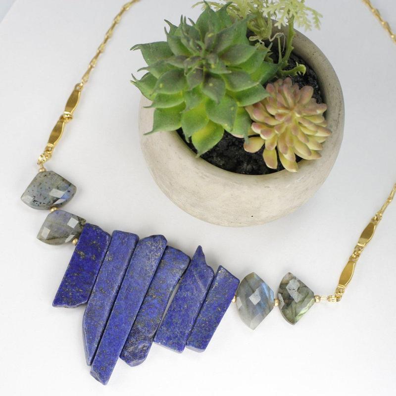Etymology Jewelry - Lapis Lazuli With Labradorite Brass Necklace-Nature's Treasures