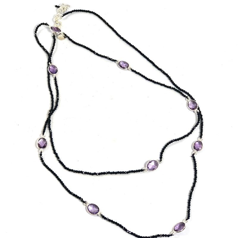 Extra Long Black Spinel and Amethyst Sterling Silver Necklace || .925 Sterling Silver-Nature's Treasures