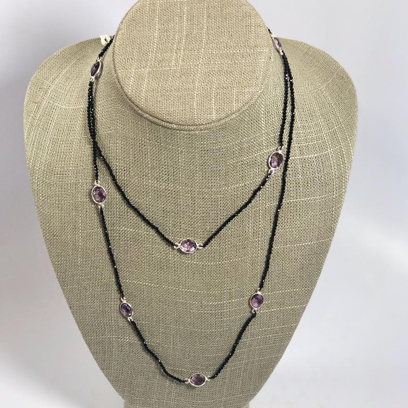 Extra Long Black Spinel and Amethyst Sterling Silver Necklace || .925 Sterling Silver-Nature's Treasures